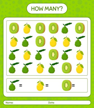 Meyveli kaç tane sayma oyunu. Anaokulu çocukları için çalışma listesi, aktivite listesi, yazdırılabilir çalışma tablosu