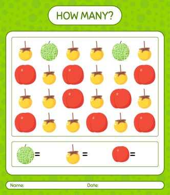 Meyveli kaç tane sayma oyunu. Anaokulu çocukları için çalışma listesi, aktivite listesi, yazdırılabilir çalışma tablosu