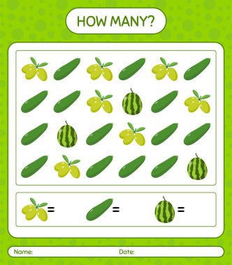 Meyveli kaç tane sayma oyunu. Anaokulu çocukları için çalışma listesi, aktivite listesi, yazdırılabilir çalışma tablosu