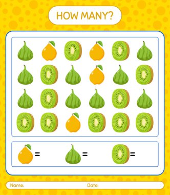 Meyveli kaç tane sayma oyunu. Anaokulu çocukları için çalışma listesi, aktivite listesi, yazdırılabilir çalışma tablosu