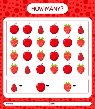 Meyveli kaç tane sayma oyunu. Anaokulu çocukları için çalışma listesi, aktivite listesi, yazdırılabilir çalışma tablosu