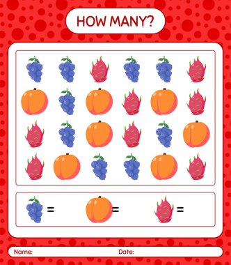 Meyveli kaç tane sayma oyunu. Anaokulu çocukları için çalışma listesi, aktivite listesi, yazdırılabilir çalışma tablosu