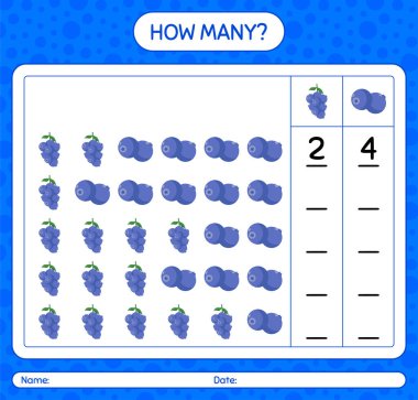 Anaokulu çocukları, aktivite tablosu, basılabilir çalışma tablosu için yabanmersini çalışma kağıdıyla kaç tane sayma oyunu