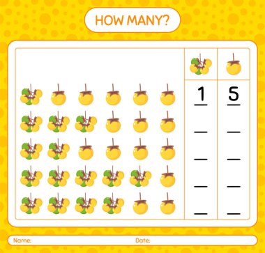 Okul öncesi çocuklar için nance çalışma kağıdıyla kaç sayma oyunu, etkinlik sayfası, basılabilir çalışma tablosu