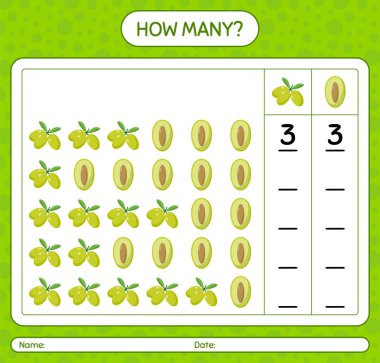 Anaokulu öğrencileri, aktivite tablosu, basılabilir çalışma tablosu için zeytinli kaç tane sayma oyunu