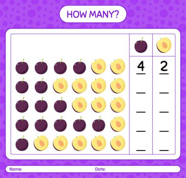 Anaokulu öğrencileri, aktivite tablosu, basılabilir çalışma tablosu için erik sayım kağıdıyla kaç tane sayma oyunu