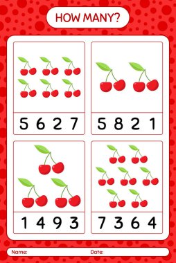 Anaokulu öğrencileri, aktivite tablosu, basılabilir çalışma tablosu için vişne çalışma kağıdıyla kaç tane sayma oyunu
