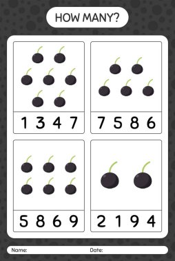Anaokulu çocukları, aktivite tablosu, basılabilir çalışma tablosu için böğürtlen çalışma kağıdıyla kaç tane sayma oyunu