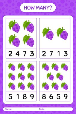 Anaokulu öğrencileri, aktivite tablosu, basılabilir çalışma tablosu için üzümlü kaç tane sayma oyunu