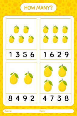 Anaokulu çocukları için limon sayma oyunu, aktivite listesi, basılabilir çalışma tablosu