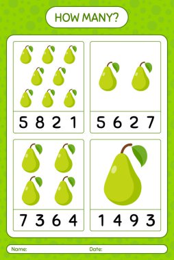 Kaç tane okul öncesi çocuklar için armut sayma oyunu, etkinlik sayfası, basılabilir çalışma tablosu