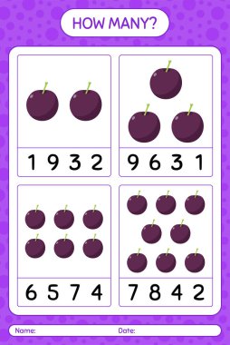 Anaokulu öğrencileri, aktivite tablosu, basılabilir çalışma tablosu için erik sayım kağıdıyla kaç tane sayma oyunu