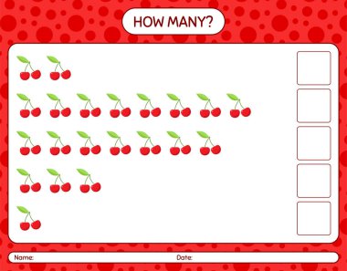 Anaokulu öğrencileri, aktivite tablosu, basılabilir çalışma tablosu için vişne çalışma kağıdıyla kaç tane sayma oyunu