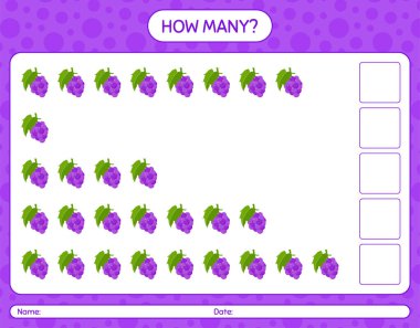 Anaokulu öğrencileri, aktivite tablosu, basılabilir çalışma tablosu için üzümlü kaç tane sayma oyunu