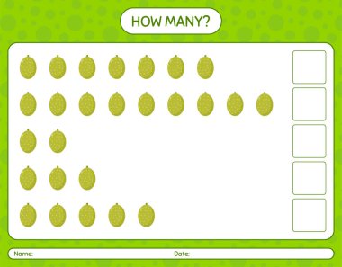 Okul öncesi çocuklar, aktivite tablosu, basılabilir çalışma tablosu için Jackfruit çalışma kağıdıyla kaç tane sayma oyunu var?
