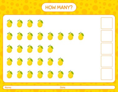 Anaokulu çocukları için limon sayma oyunu, aktivite listesi, basılabilir çalışma tablosu