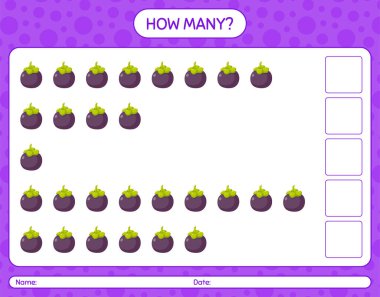 Anaokulu çocukları, aktivite kağıtları, basılabilir çalışma kağıtları için mangosteen çalışma kağıdıyla kaç tane sayma oyunu