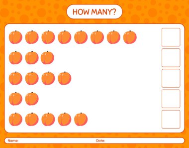 Anaokulu çocukları, aktivite tablosu, basılabilir çalışma tablosu için şeftali rengi çalışma kağıdıyla kaç tane sayma oyunu