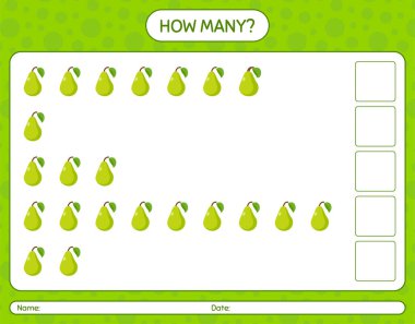 Kaç tane okul öncesi çocuklar için armut sayma oyunu, etkinlik sayfası, basılabilir çalışma tablosu