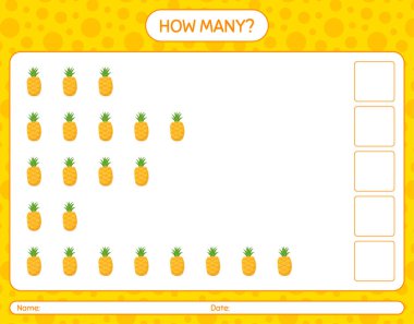 Anaokulu çocukları için ananas çalışma kağıdıyla kaç tane sayma oyunu, aktivite sayfası, basılabilir çalışma tablosu