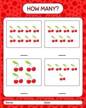 Anaokulu öğrencileri, aktivite tablosu, basılabilir çalışma tablosu için vişne çalışma kağıdıyla kaç tane sayma oyunu