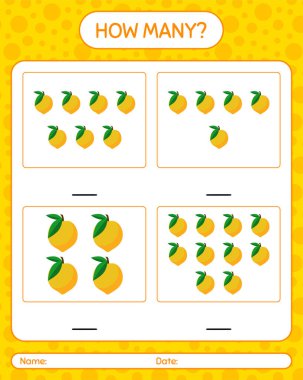 Anaokulu öğrencileri için yumurta meyvesi çalışma kağıdıyla kaç tane sayma oyunu, etkinlik sayfası, basılabilir çalışma tablosu