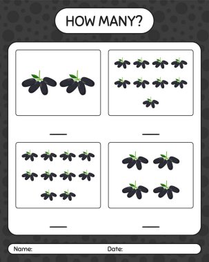 Anaokulu çocukları, aktivite tablosu, basılabilir çalışma tablosu için jambolan çalışma kağıdıyla kaç tane sayma oyunu