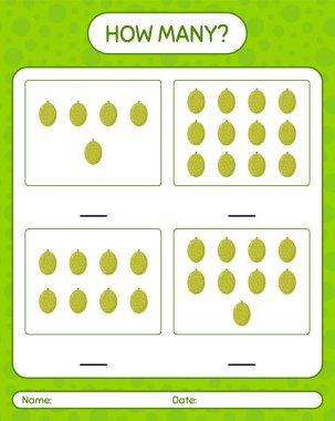 Okul öncesi çocuklar, aktivite tablosu, basılabilir çalışma tablosu için Jackfruit çalışma kağıdıyla kaç tane sayma oyunu var?