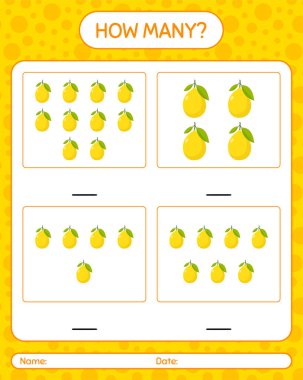 Anaokulu çocukları için limon sayma oyunu, aktivite listesi, basılabilir çalışma tablosu