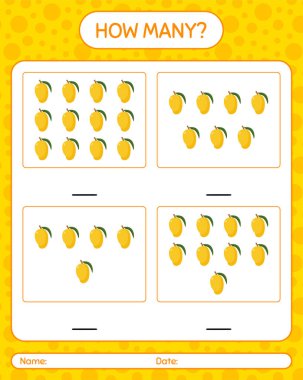 Anaokulu öğrencileri, aktivite tablosu, basılabilir çalışma tablosu için mango çalışma kağıdıyla kaç tane sayma oyunu