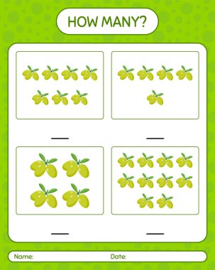 Anaokulu öğrencileri, aktivite tablosu, basılabilir çalışma tablosu için zeytinli kaç tane sayma oyunu