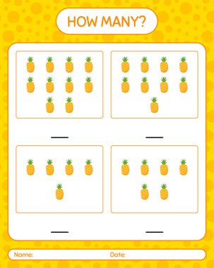 Anaokulu çocukları için ananas çalışma kağıdıyla kaç tane sayma oyunu, aktivite sayfası, basılabilir çalışma tablosu