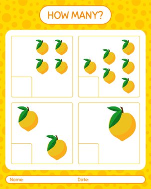 Anaokulu öğrencileri için yumurta meyvesi çalışma kağıdıyla kaç tane sayma oyunu, etkinlik sayfası, basılabilir çalışma tablosu