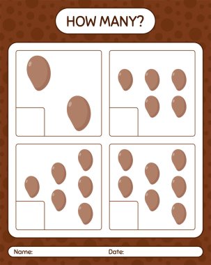 Anaokulu öğrencileri, aktivite tablosu, basılabilir çalışma tablosu için özgeçmiş içeren kaç tane sayma oyunu