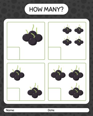 Anaokulu çocukları, aktivite tablosu, basılabilir çalışma tablosu için böğürtlen çalışma kağıdıyla kaç tane sayma oyunu