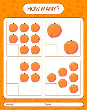 Anaokulu çocukları, aktivite tablosu, basılabilir çalışma tablosu için şeftali rengi çalışma kağıdıyla kaç tane sayma oyunu