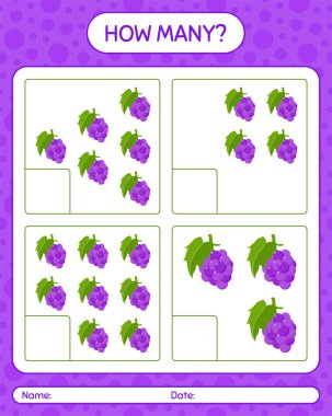 Anaokulu öğrencileri, aktivite tablosu, basılabilir çalışma tablosu için üzümlü kaç tane sayma oyunu