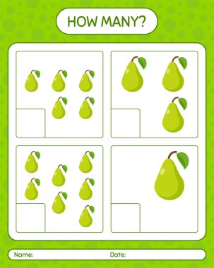 Kaç tane okul öncesi çocuklar için armut sayma oyunu, etkinlik sayfası, basılabilir çalışma tablosu