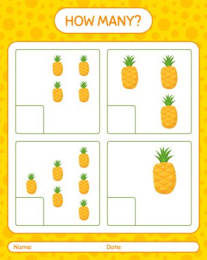 Anaokulu çocukları için ananas çalışma kağıdıyla kaç tane sayma oyunu, aktivite sayfası, basılabilir çalışma tablosu