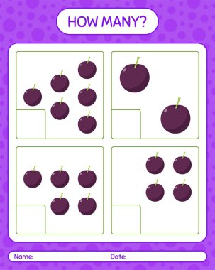 Anaokulu öğrencileri, aktivite tablosu, basılabilir çalışma tablosu için erik sayım kağıdıyla kaç tane sayma oyunu