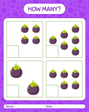 Anaokulu çocukları, aktivite kağıtları, basılabilir çalışma kağıtları için mangosteen çalışma kağıdıyla kaç tane sayma oyunu