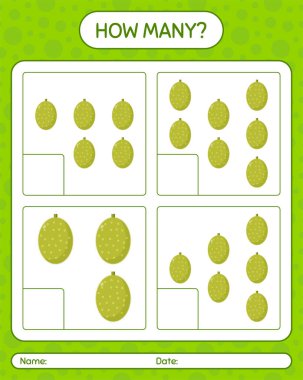 Okul öncesi çocuklar, aktivite tablosu, basılabilir çalışma tablosu için Jackfruit çalışma kağıdıyla kaç tane sayma oyunu var?