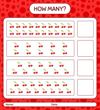 Anaokulu öğrencileri, aktivite tablosu, basılabilir çalışma tablosu için vişne çalışma kağıdıyla kaç tane sayma oyunu