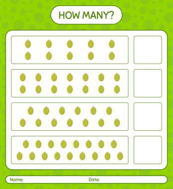 Okul öncesi çocuklar, aktivite tablosu, basılabilir çalışma tablosu için Jackfruit çalışma kağıdıyla kaç tane sayma oyunu var?