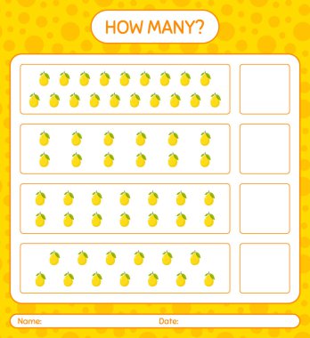 Anaokulu çocukları için limon sayma oyunu, aktivite listesi, basılabilir çalışma tablosu