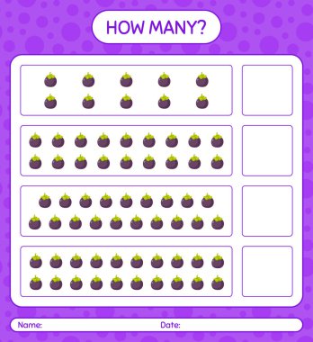 Anaokulu çocukları, aktivite kağıtları, basılabilir çalışma kağıtları için mangosteen çalışma kağıdıyla kaç tane sayma oyunu