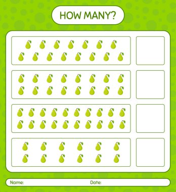 Kaç tane okul öncesi çocuklar için armut sayma oyunu, etkinlik sayfası, basılabilir çalışma tablosu