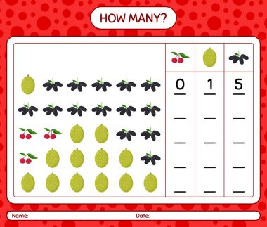 Meyveli kaç tane sayma oyunu. Anaokulu çocukları için çalışma listesi, aktivite listesi, yazdırılabilir çalışma tablosu