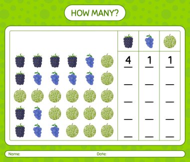 Meyveli kaç tane sayma oyunu. Anaokulu çocukları için çalışma listesi, aktivite listesi, yazdırılabilir çalışma tablosu
