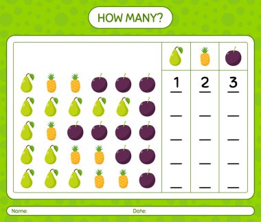 Meyveli kaç tane sayma oyunu. Anaokulu çocukları için çalışma listesi, aktivite listesi, yazdırılabilir çalışma tablosu